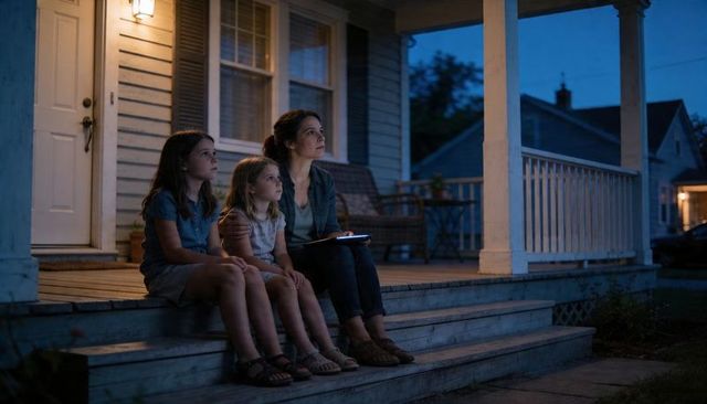 Mother and daughters watching evening sky on porch with glowing tablet and lamplight