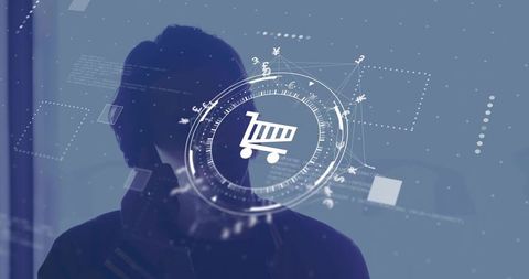 Silhouetted man holding smartphone with holographic shopping cart hud for ecommerce