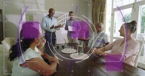 Multigenerational Family Meeting with Tablet Presenter and Futuristic HUD Overlay in Sunlit Dining R