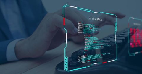 Executive typing on mechanical keyboard displaying ai data mining hud overlay for tech