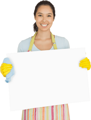 smiling woman in apron holding transparent board for cleaning - Download Free Stock Videos Pikwizard.com