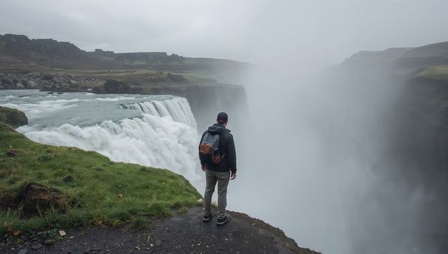 Hiker standing on narrow ledge facing powerful waterfall and mist-filled canyon landscape
