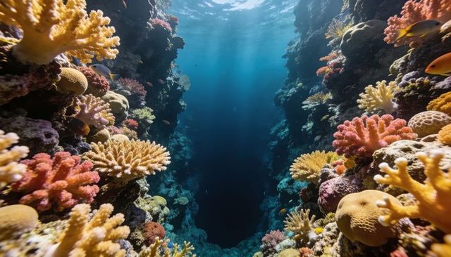 Reef canyon opening into deep blue chasm with colorful branching corals and tropical fish