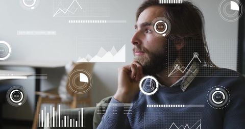 Businessman Contemplating with Overlaid Infographics at Office