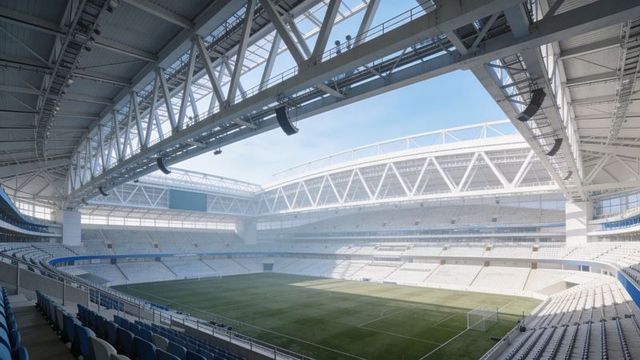 Sunlit modern soccer stadium showing retractable roof, panoramic stands and empty pitch