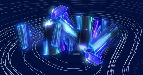 Glowing iridescent crystal cluster emitting neon light and topographic contours for futuristic ui