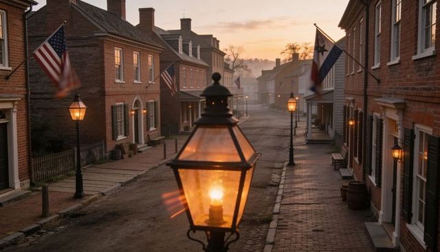 Glowing gaslamp lighting historic brick main street at dawn with flags and haze