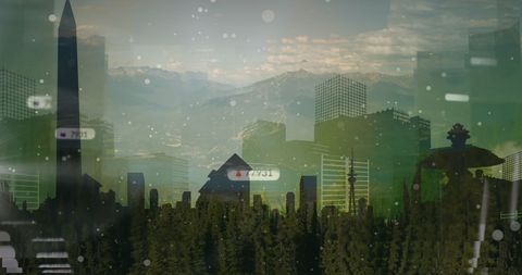 Digital Overlay of Social Media Icons on Cityscape