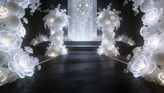 Luxurious led-lit white floral runway showcasing glowing column arrangements
