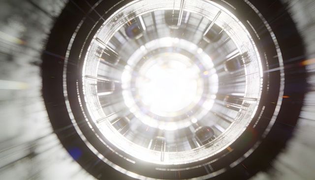 Concentric metallic lens emitting intense radiant light with chromatic lensflare