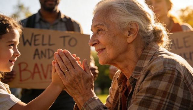 Grandmother connecting with granddaughter at community gathering in warm golden backlight