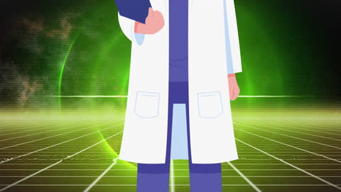 Animated Doctor with Tech Background and Data Processing Theme