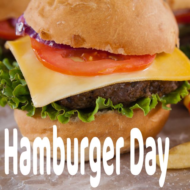 Perfect for promoting events or gatherings celebrating Hamburger Day, as well as marketing materials for restaurants and diners featuring gourmet cheeseburgers. Can be used in social media posts, blog articles, and advertising campaigns aimed at food enthusiasts and those who love celebrating food holidays.