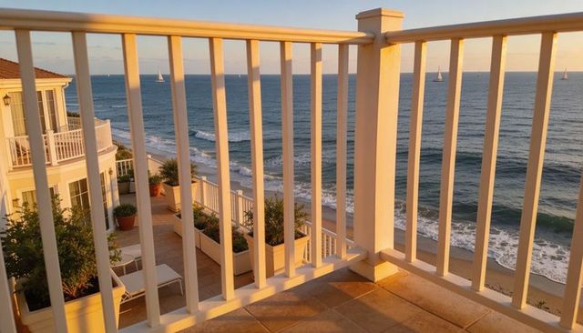 Sunlit Coastal Balcony Overlooking Ocean with Sailboats at Golden Hour