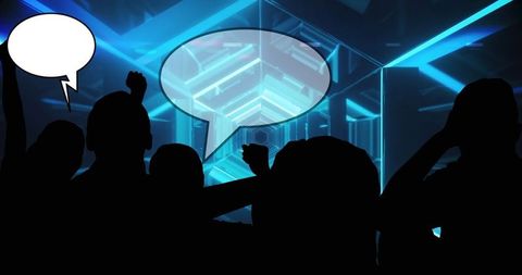 Silhouette Figures in Futuristic Blue Digital Tunnel Background