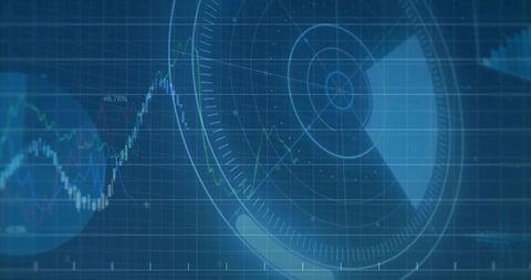 Futuristic radar hud overlay with financial line charts visualizing real-time analytics