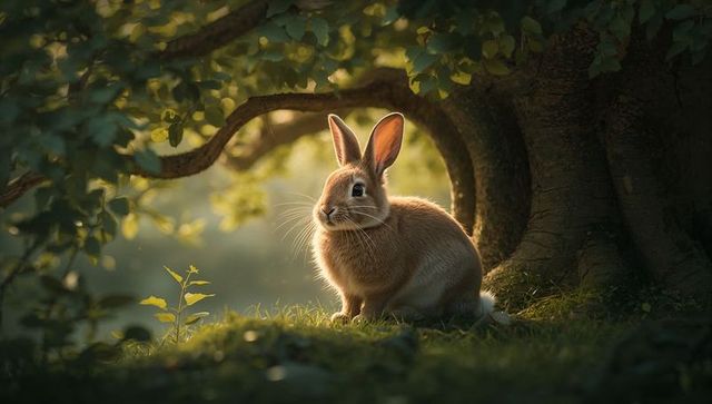 Sunlit brown rabbit basking in forest glade under mossy tree roots with golden backlight