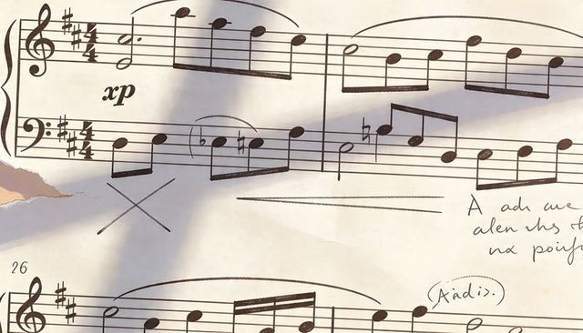 Closeup printed piano sheet music with torn left edge, pen annotations and xp dynamic marking