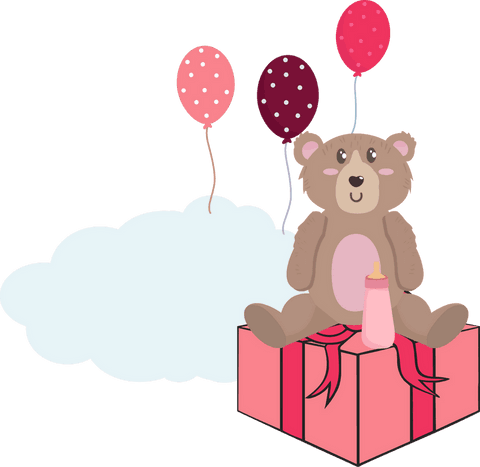 Cute teddy bear sitting on gift box with balloons transparent illustration