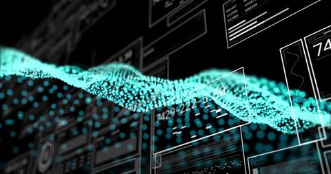 Turquoise particle wave arcing over futuristic digital data dashboard and ui panels