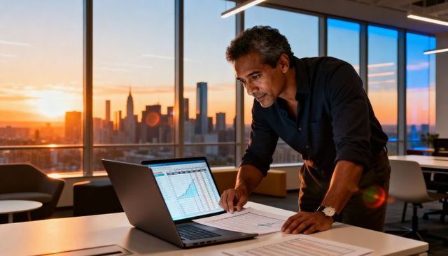 Indian executive analyzing financial spreadsheets at sunset in highrise office city view