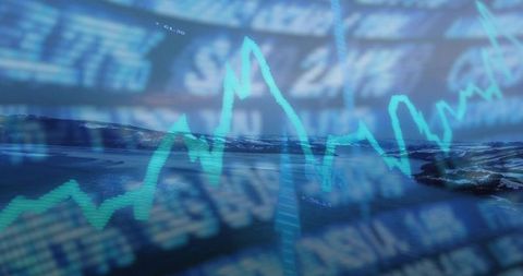 Dynamic financial data charts over scenic fjord landscape