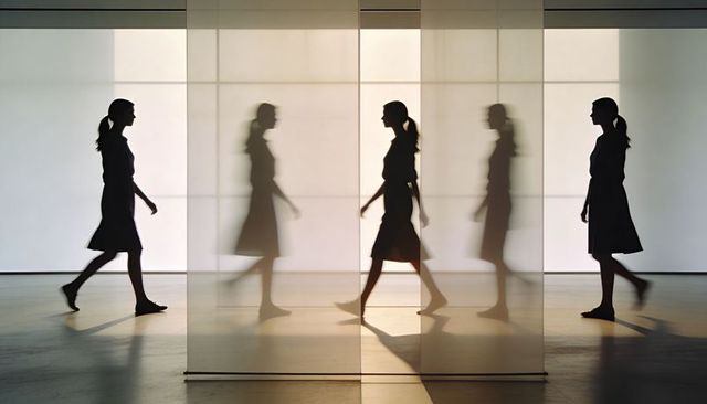 Backlit silhouettes walking past translucent panels in modern gallery corridor, minimalist
