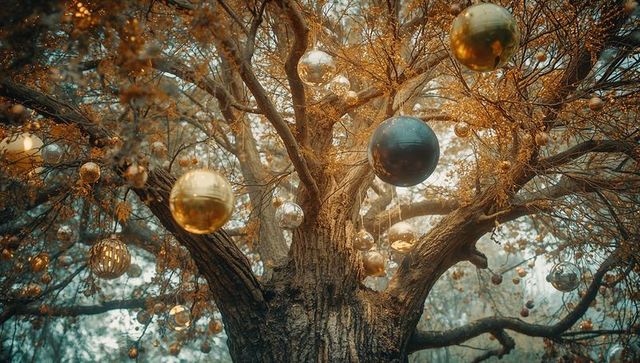 Mystical Forest Tree with Glittering Ornaments on Branches