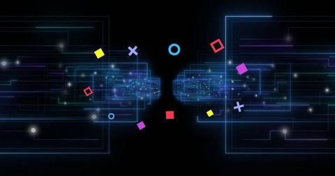 Neon Circuit Connection with Floating Geometric Shapes