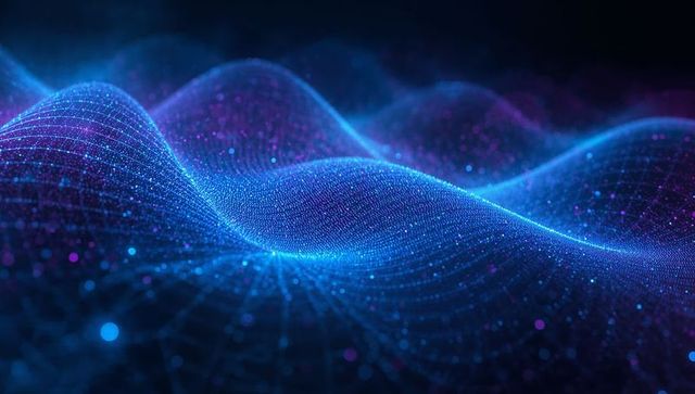 Neon digital wave mesh conveying futuristic data flow with glowing point cloud energy
