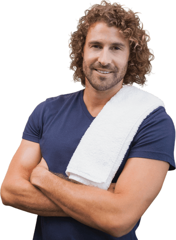 Smiling Athletic Man in T-Shirt Holding Towel Transparent Background