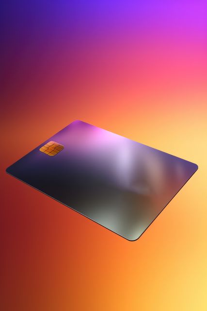 Blank black credit card with microchip on orange, copy space, created using generative ai technology. Emv chip, banking, spending, technology and finance mock up concept digitally generated image.