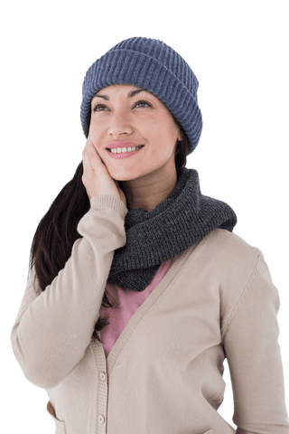 Smiling Woman with Beanie and Scarf on Transparent Background