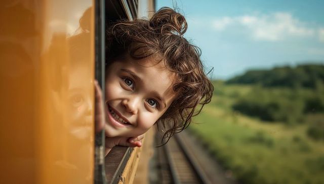Curious child looking out train window over scenic farmland