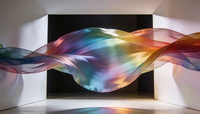 Floating iridescent fabric sculpture minimal white alcove pastel prism waves reflections