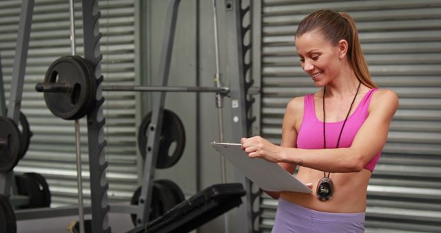 Smiling Female Fitness Coach Holding Clipboard in Gym - Download Free Stock Images Pikwizard.com