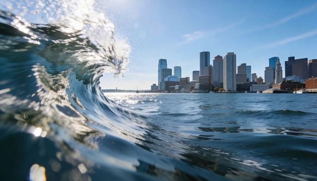 Curling harbor wave glinting sunlight reflecting modern city skyline and waterfront piers