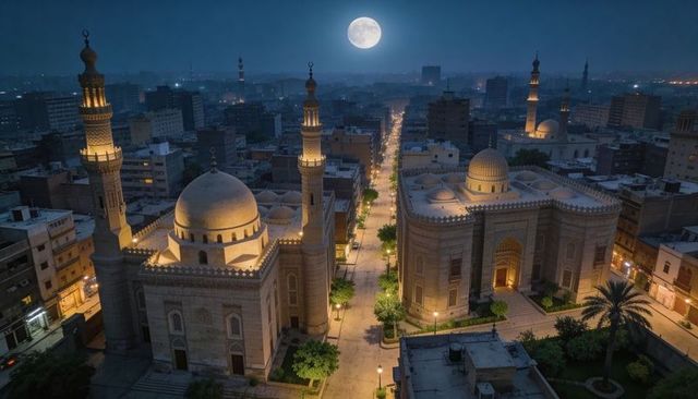 Moonlit twin mosques lighting tree-lined urban boulevard with full moon and minarets
