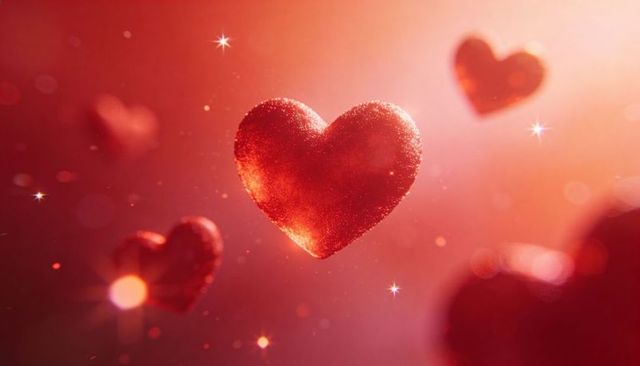 Floating glitter heart with warm bokeh and sparkling shimmer for valentine's greeting card
