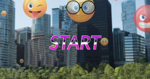 Vibrant emoticons displayed over urban skyline background