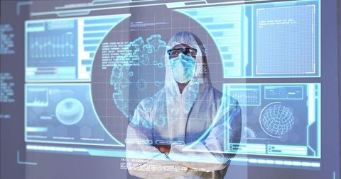 Scientist examining holographic medical interface in laboratory