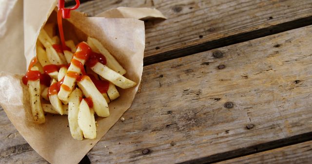Close-up of ketchup being squeezed over french fried chips on tray