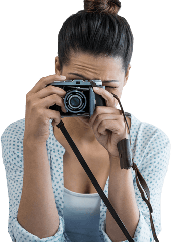 female photographer focusing with vintage camera on transparent background - Download Free Stock Videos Pikwizard.com