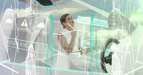 Futuristic woman in self-driving car with digital interface overlay