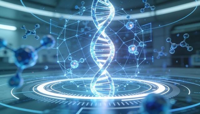 Holographic dna helix rotating on futuristic hud with molecular network and ai-driven lab interface