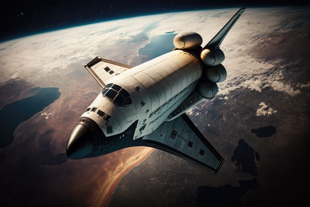 Space shuttle hovering above Earth, bathed in natural sunlight, highlighting its intricate details and advanced technology. Ideal for use in aerospace education, promotional materials for space agencies, sci-fi book covers, and technology-themed presentations.
