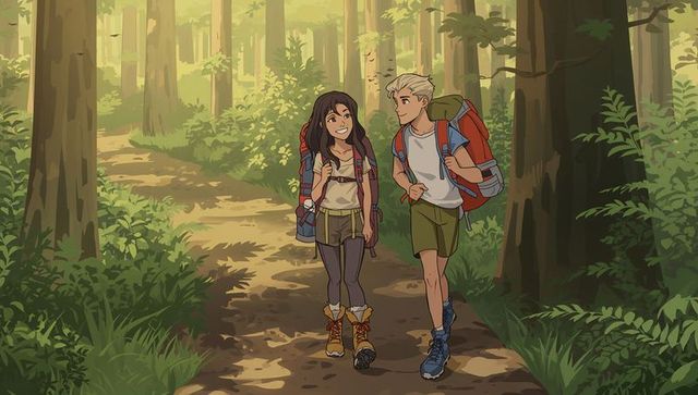 Two Hikers Walking and Talking on Sunlit Forest Trail with Red Backpacks