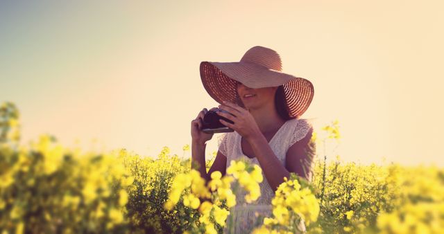 Woman wearing a large straw hat taking pictures in a blooming flower field during sunset. Ideal for use in articles about outdoor activities, summer vacations, nature photography, and lifestyles focused on connecting with nature.