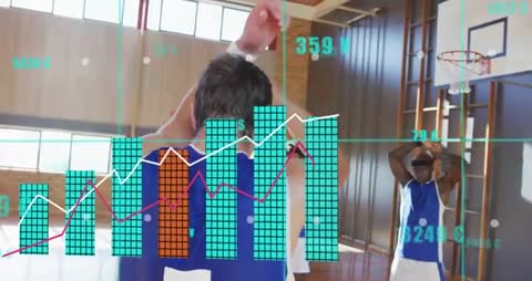 Basketball team warming up with animated performance charts overlay, player stretching