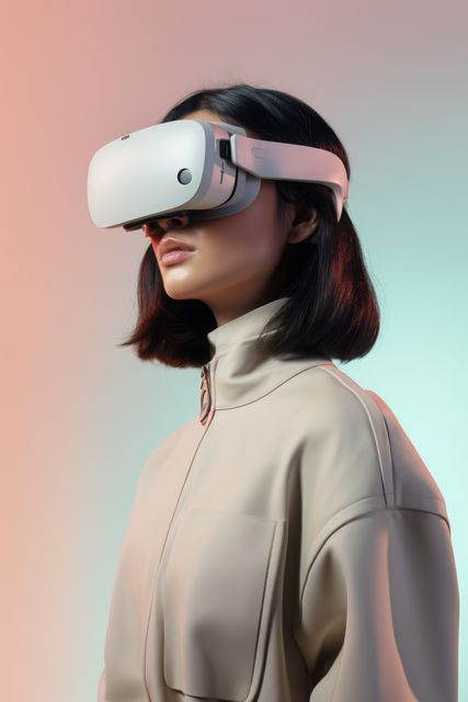 Young woman immersed in a virtual reality experience using a modern VR headset with a colorful, digital background. Ideal for use in articles, blogs, or advertisements about technology, innovation, virtual realities, and futuristic lifestyle. Suitable for representing modern entertainment and advancements in digital media.